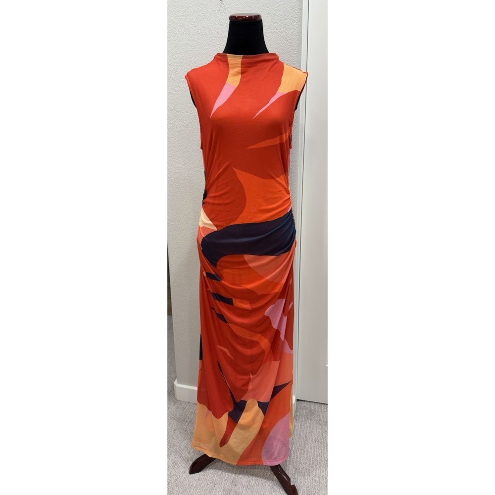Farm Rio x Anthropologie Ruched Mesh Midi Dress M Sleeveless Orange Dress